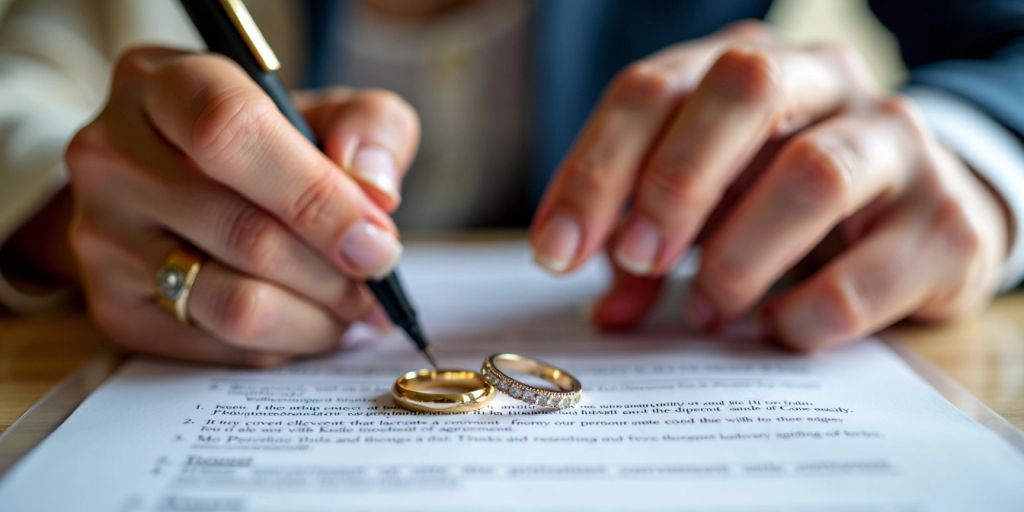 Divorced person signing a postnuptial agreement